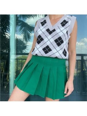 Green Pleated Skater School Mini Skirt M